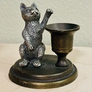 Vintage Cat Candle Stick Holder Bi-color Silver Metal Heavy Beckoning Cat